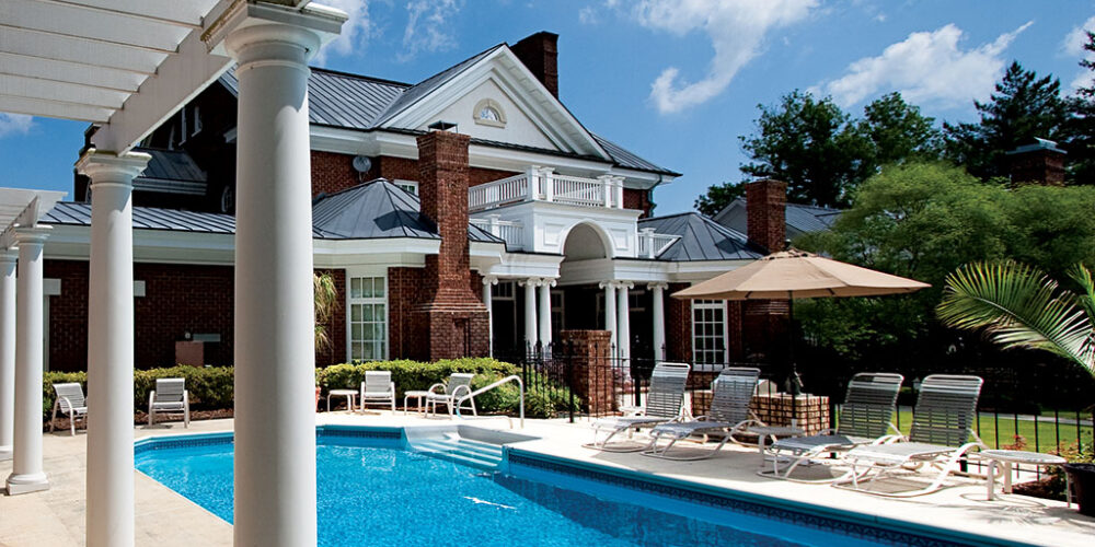 Modern outdoor scape for Greek Revival style home by Glenn Cope Custom Home Builders