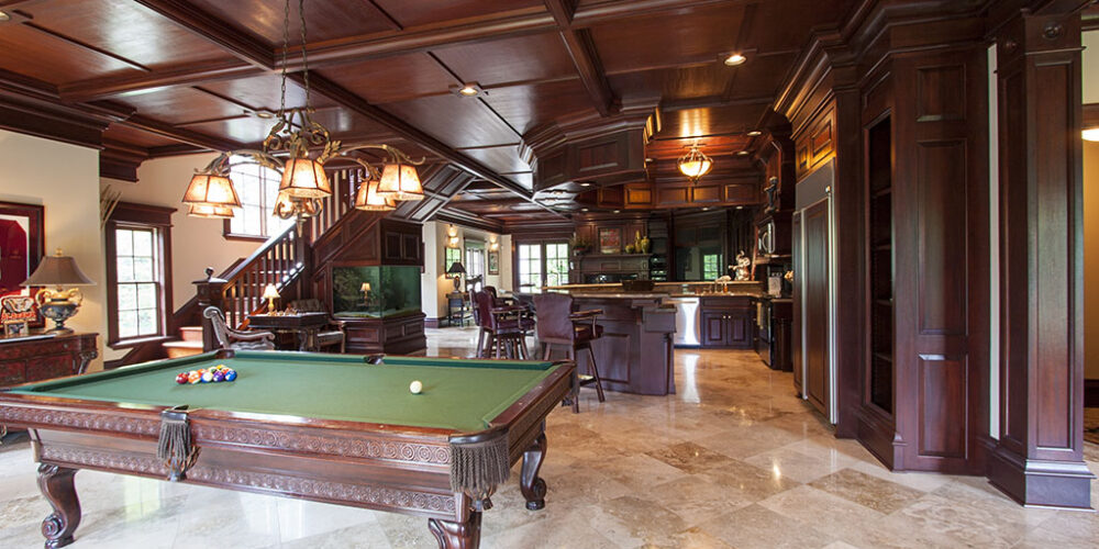 Solid wood recreation room with custom tile Greek revival style custom home by Glenn Cope Custom Home Builders