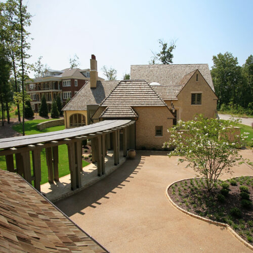 Aerial view of French style couryard by Glenn Cope Custom Home Builders