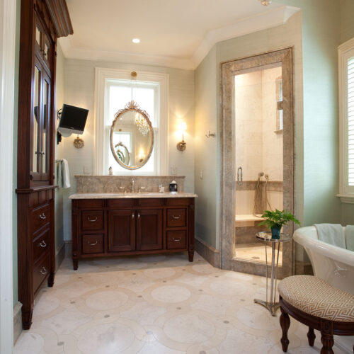 Custom bathroom with ornate patterned tile by Glenn Cope Custom Home Builders